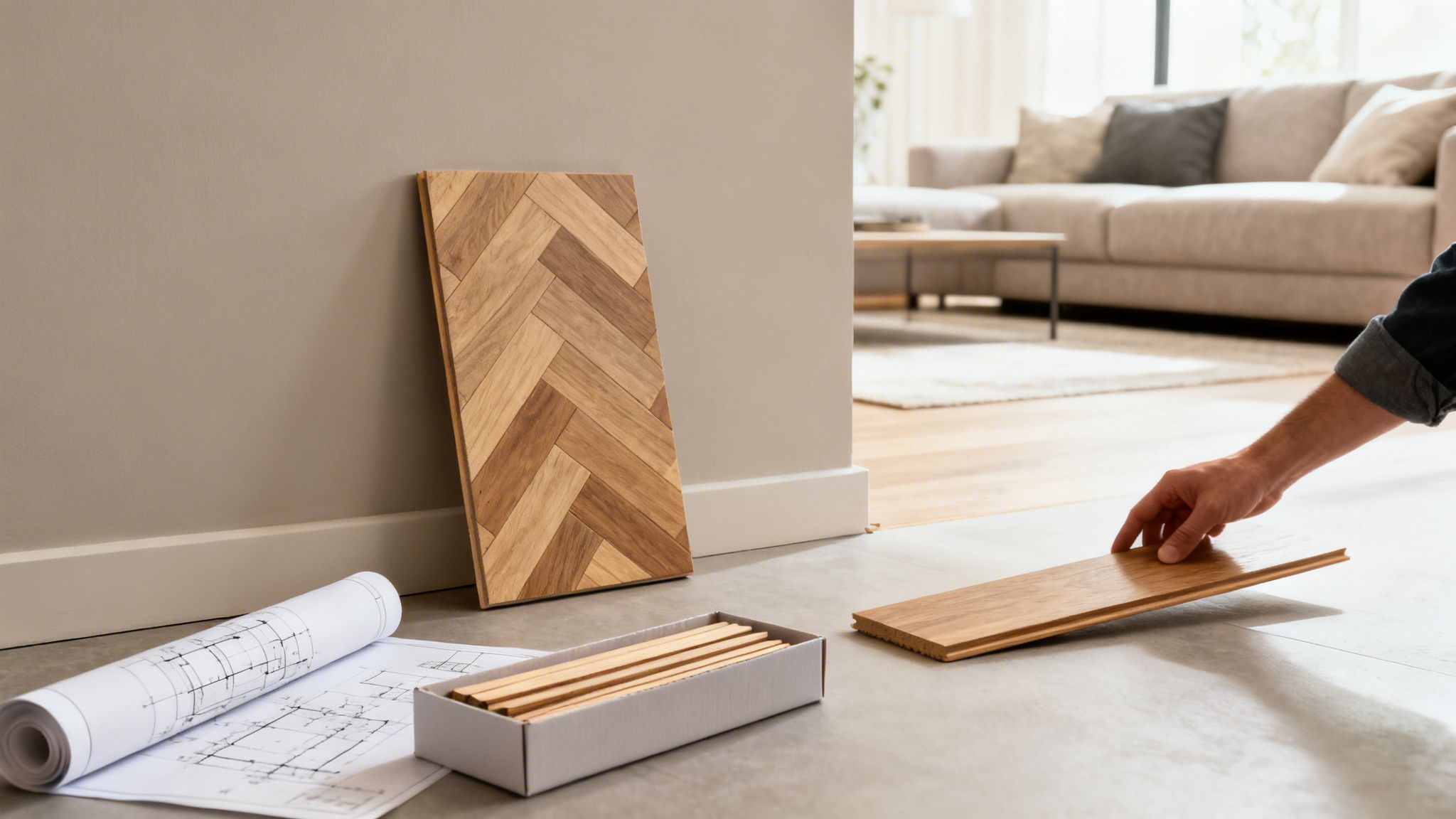 En person vælger gulvbrædder til sildebensparket, med byggeplaner klar til montering i et hjem.