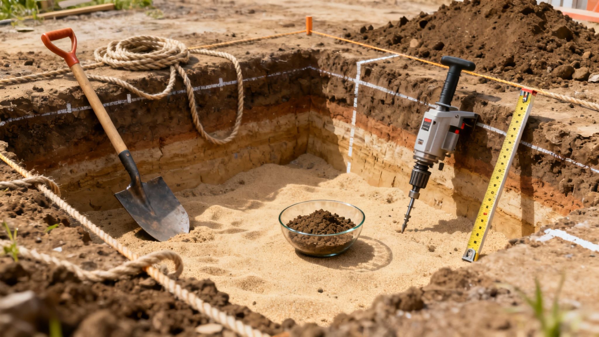 Udgravet hul med tydelige jordlag, en skovl, et bor, målebånd og reb til fundamentbyggeri.