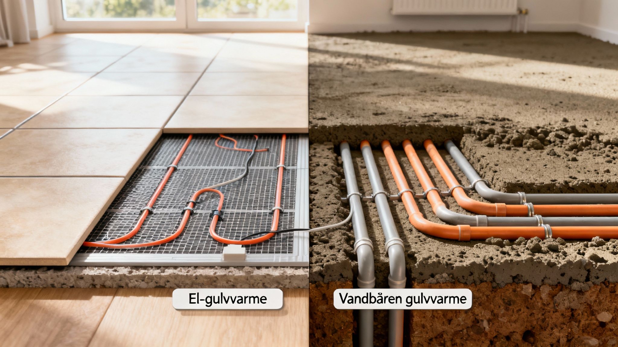 Tværssnit af to gulvvarmeanlæg: elektrisk gulvvarme under fliser og vandbåren gulvvarme i beton.
