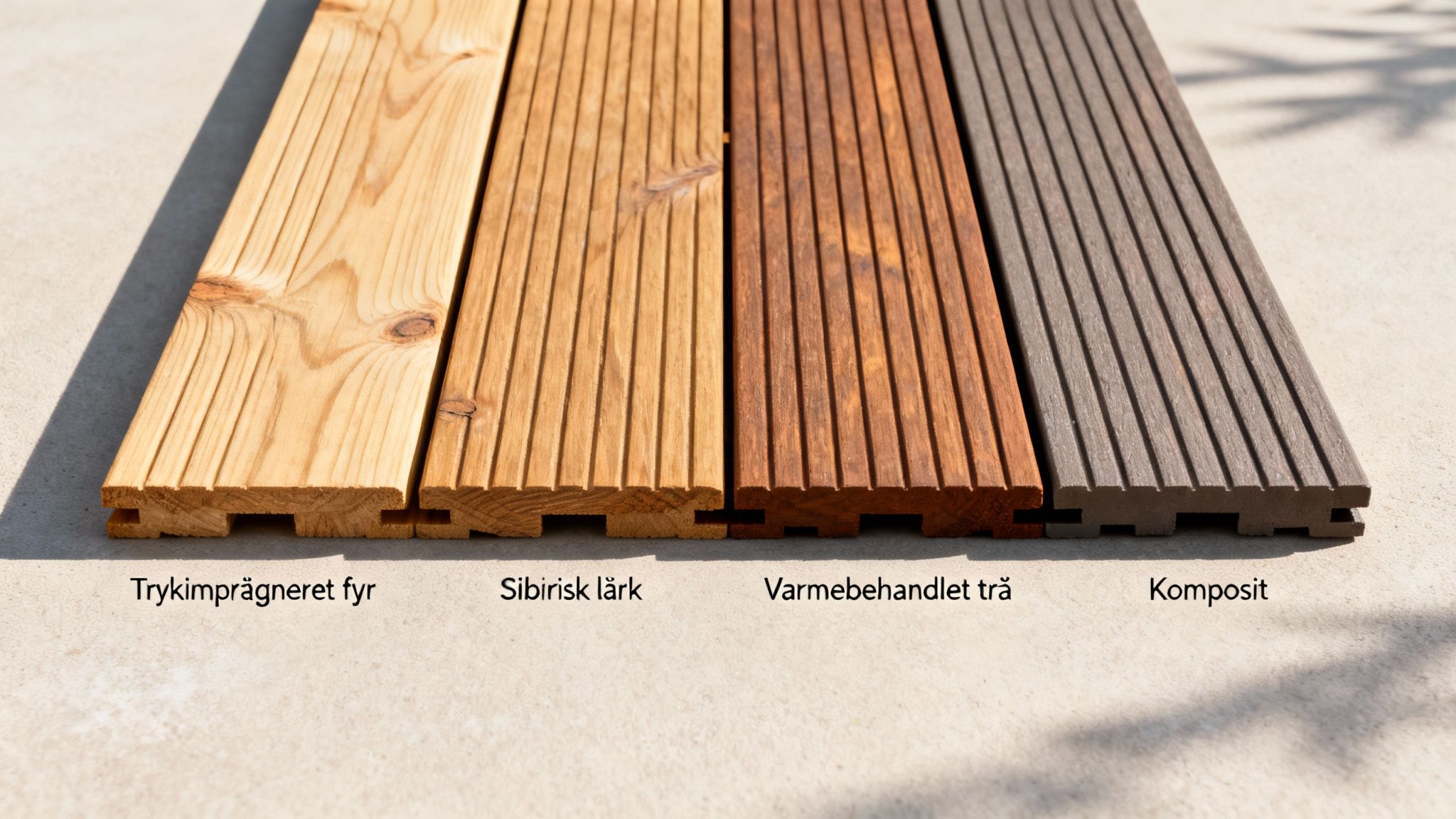 Fire forskellige typer af terrassebrædder: trykimprægneret fyr, sibirisk lærk, varmebehandlet træ og komposit.