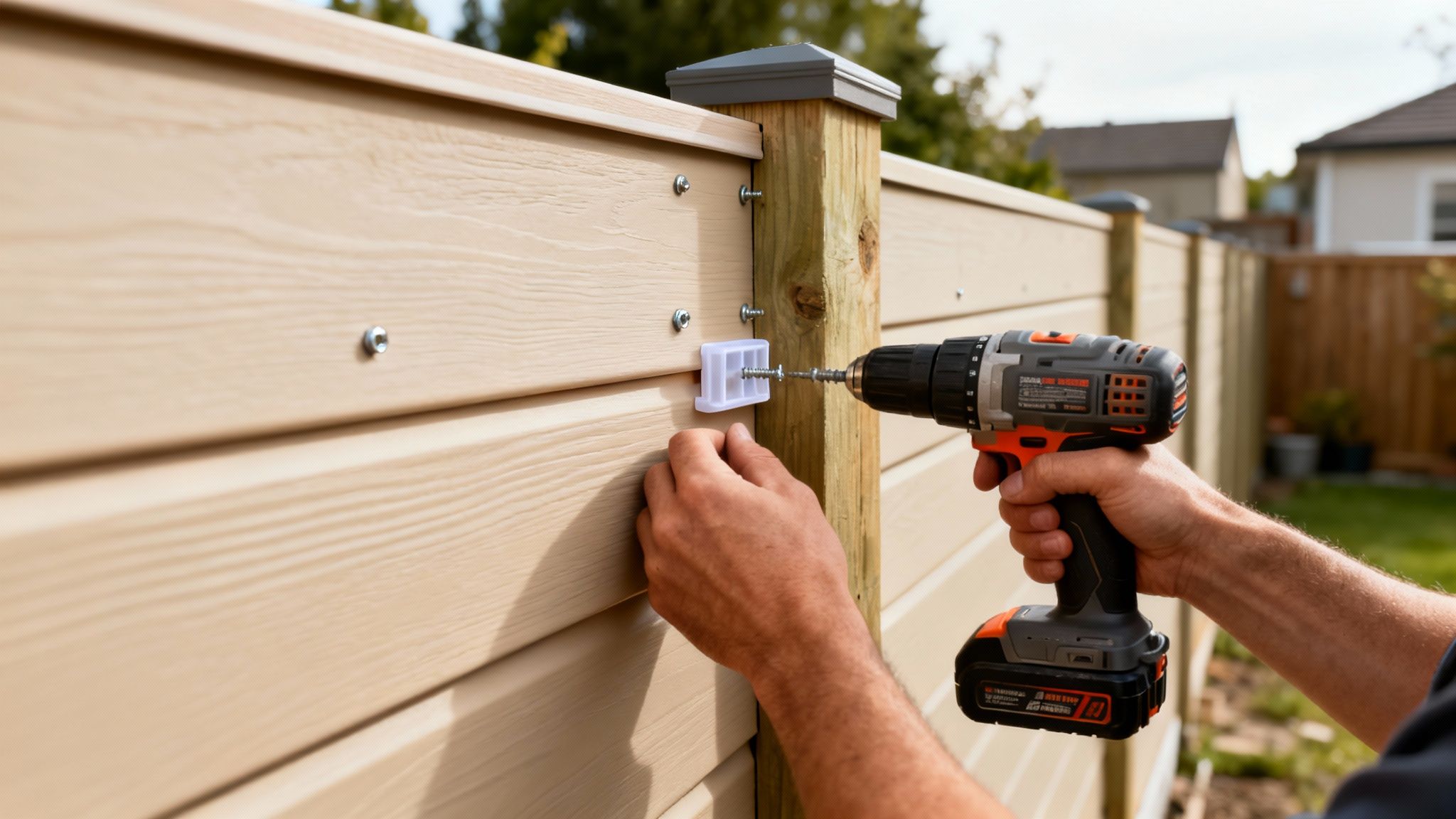 Hænder fastgør et hvidt beslag på et lysebrunt træhegn med en boremaskine.
