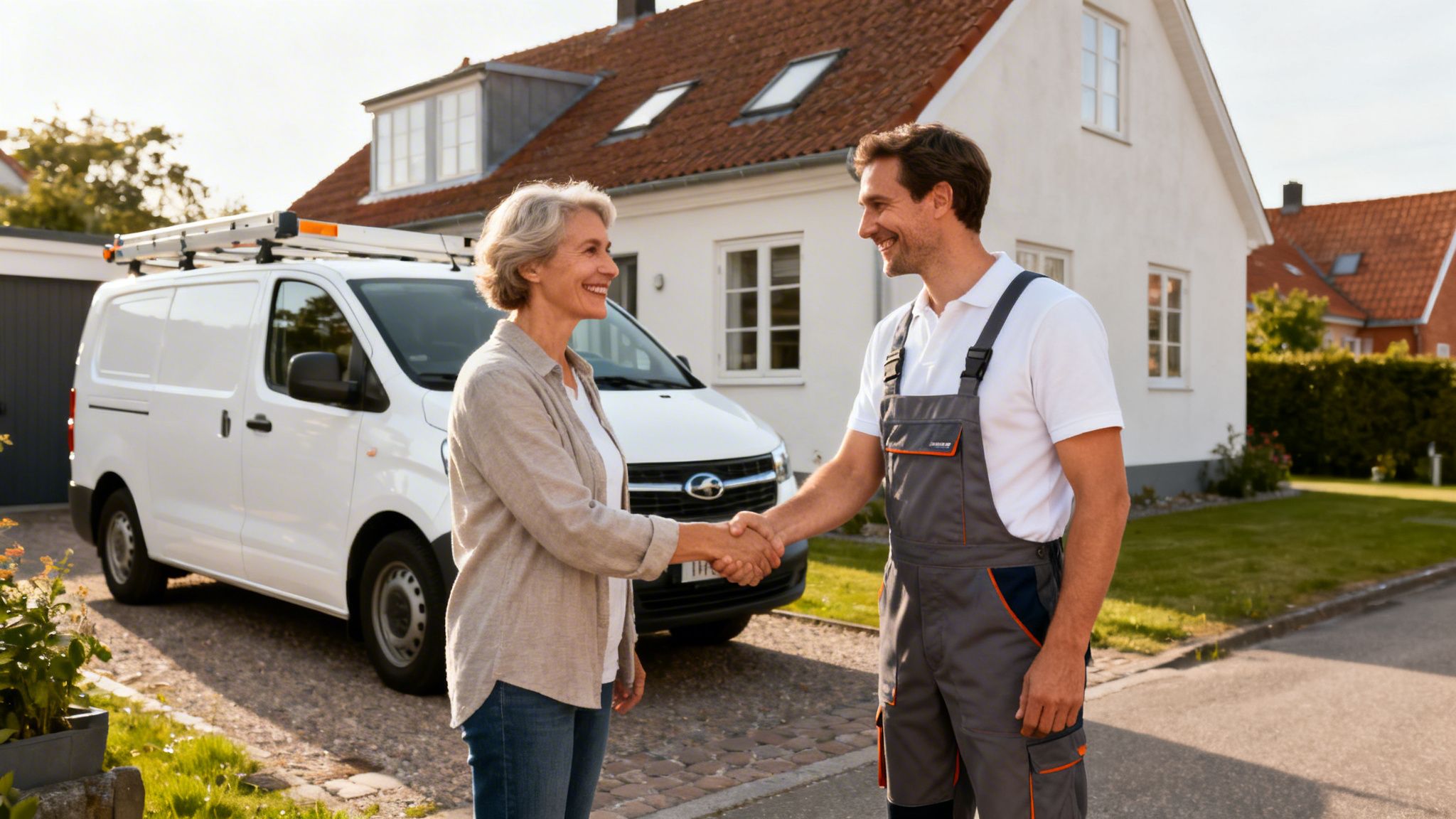 En smilende håndværker i grå overalls giver hånd til en ældre kvinde foran et hus med en hvid varevogn.