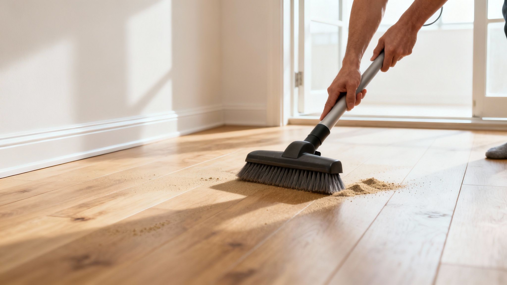 En person støvsuger et trægulv med et blødt børstehoved.