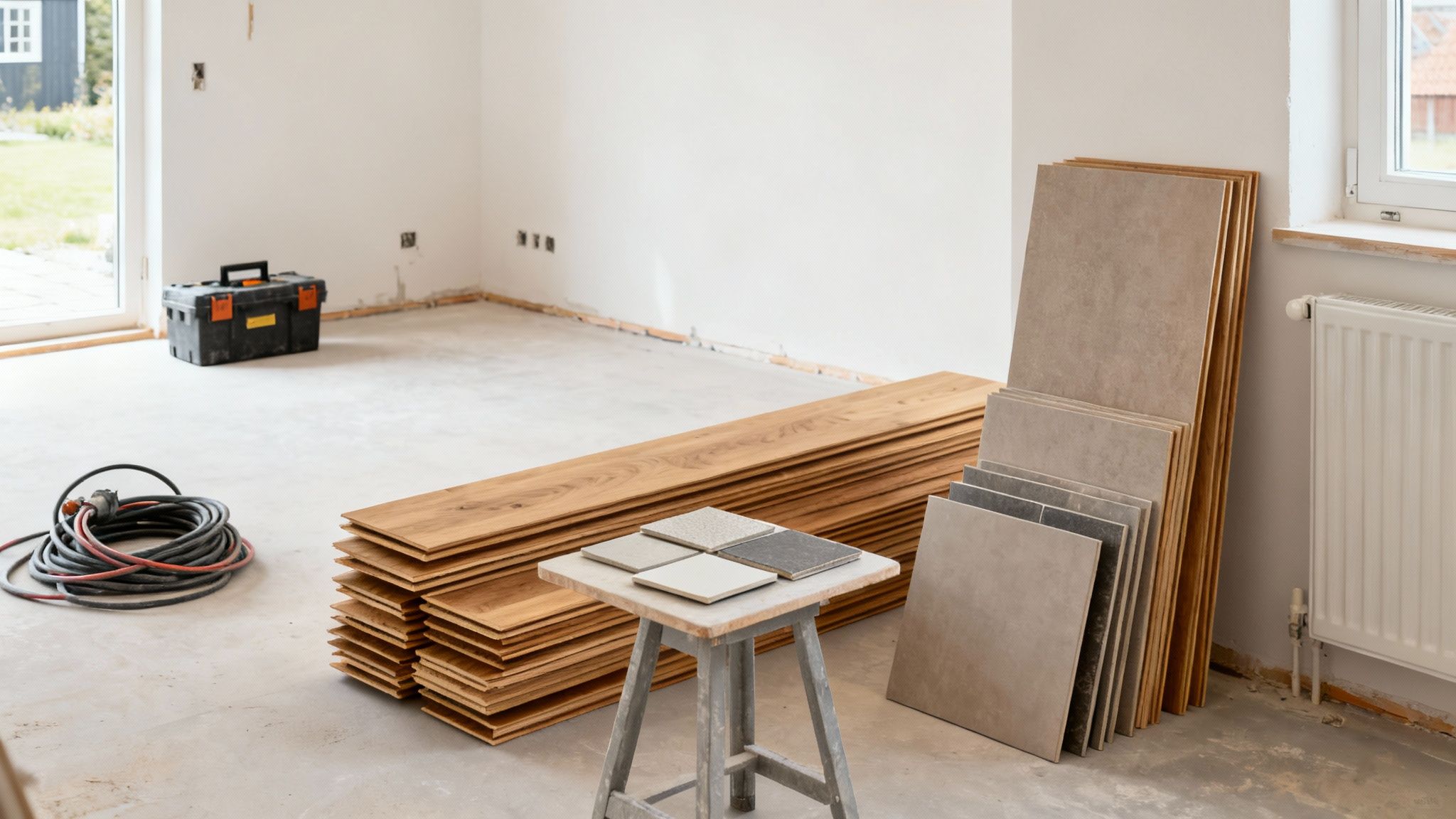 Værelse under renovering med stabler af trægulvsbrædder, fliseeksempler og værktøj, klar til installation.