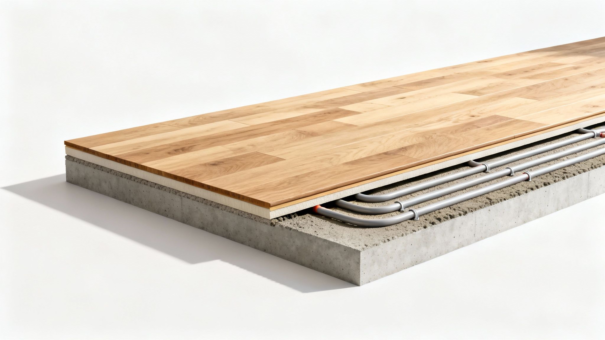 Detaljeret snit af gulvkonstruktion med undergulv, gulvvarmerør og smukt trægulv.