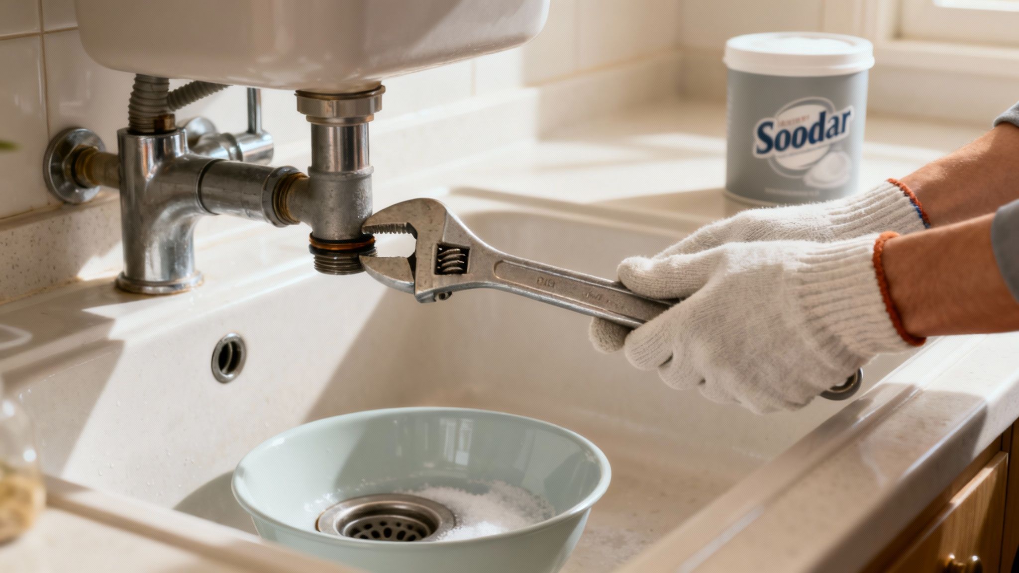 En person med handsker reparerer et vaskafløb med en skruenøgle, rengøringsprodukt og skål.