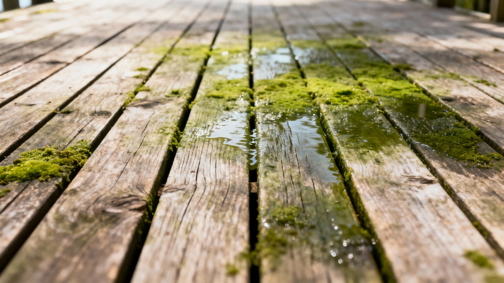 Gammel træterrasse med grøn mos og vandpytter i sollys, trænger til rensning.