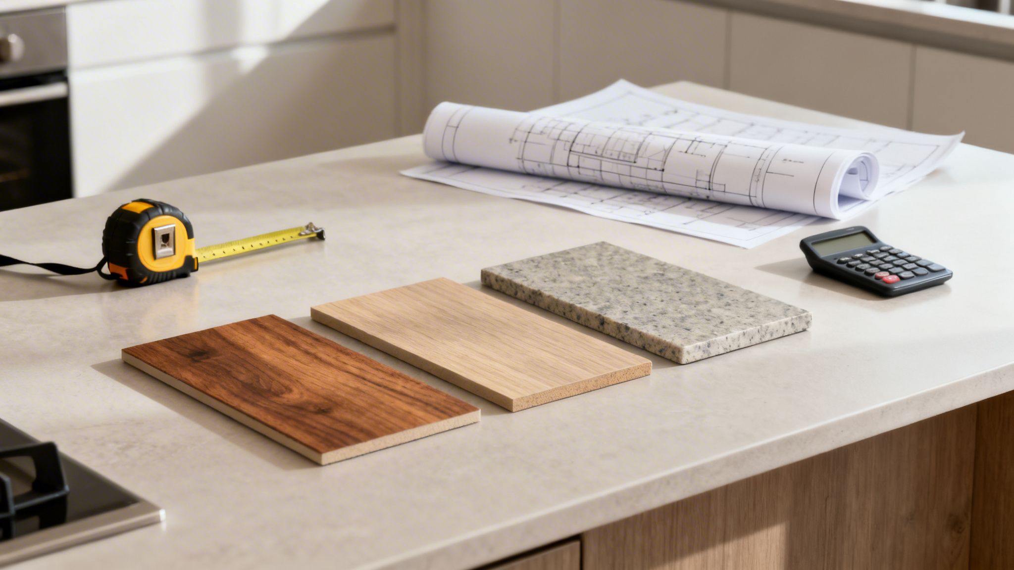 Planlægning af køkken med materialeprøver af træ og granit, byggetegninger, målebånd og regnemaskine på bordplade.