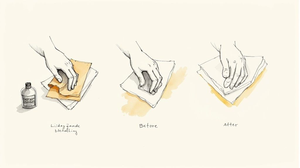 Illustration af en hånd, der behandler en overflade med en klud og et rengøringsmiddel, vist før og efter.