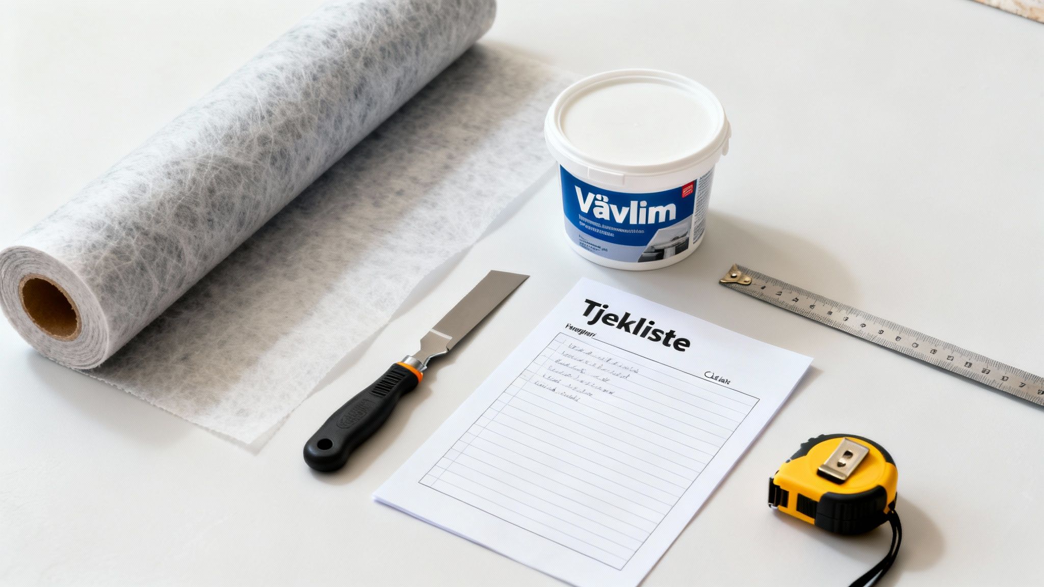 En rulle filt, lim, spartel, målebånd, lineal og tjekliste klar til opsætning af vægbeklædning.