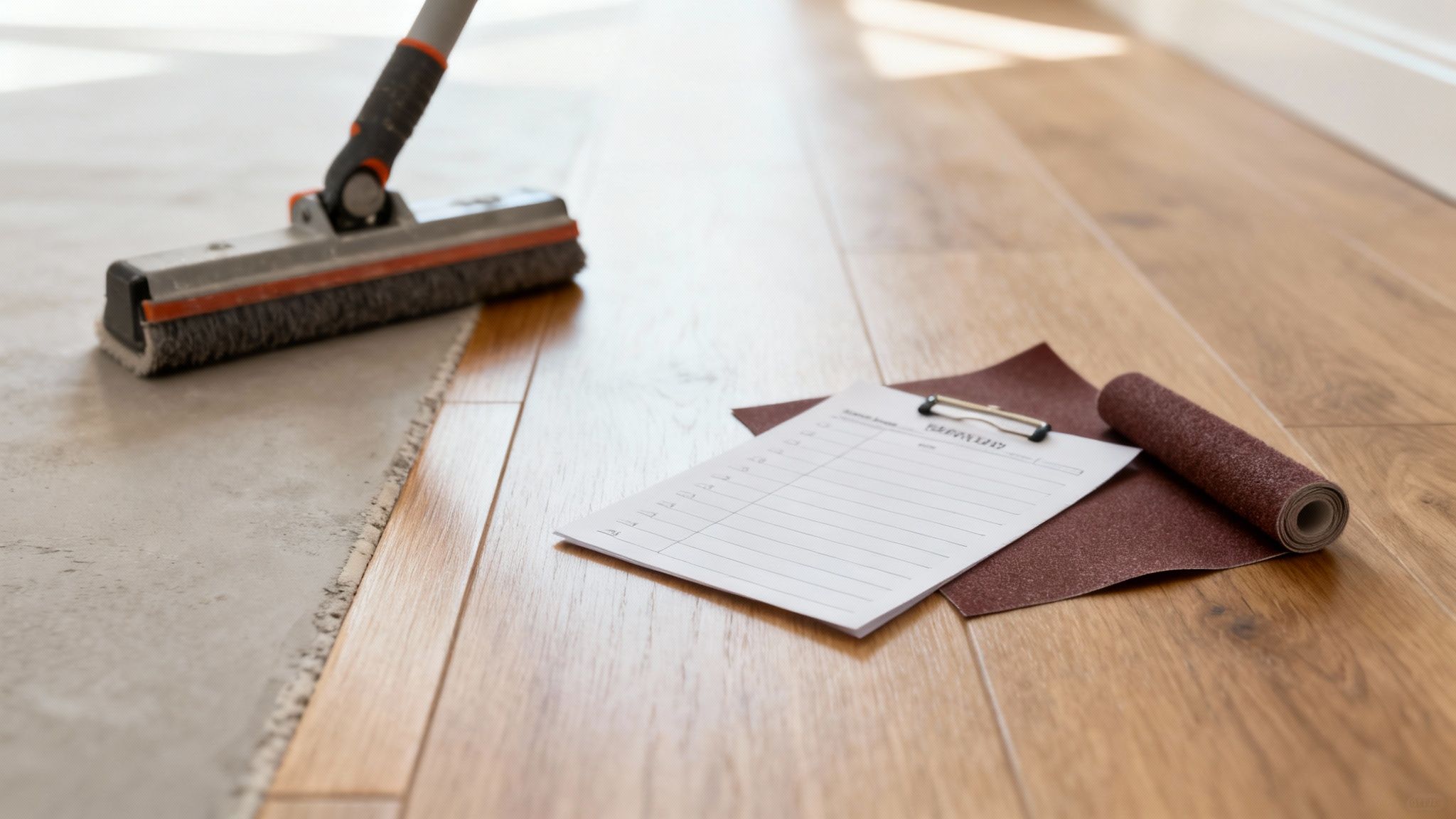Gulvlægning med slibepapir, notesbog og børste på træbrædder forberedt til oliering
