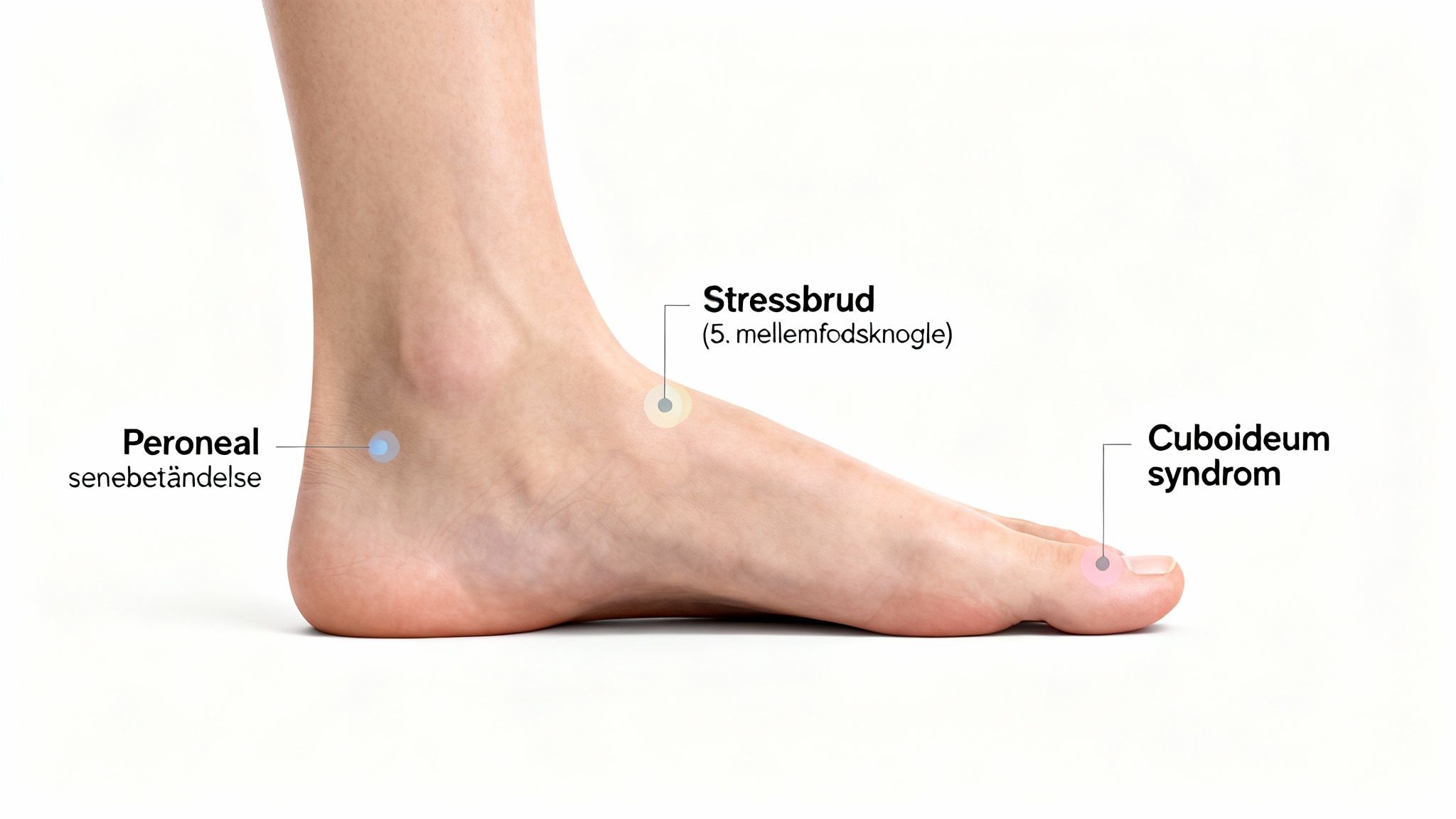 Billede af en fod med tre punkter markeret: peroneal senebetændelse, stressbrud (5. mellemfodsknogle) og cuboideum syndrom.