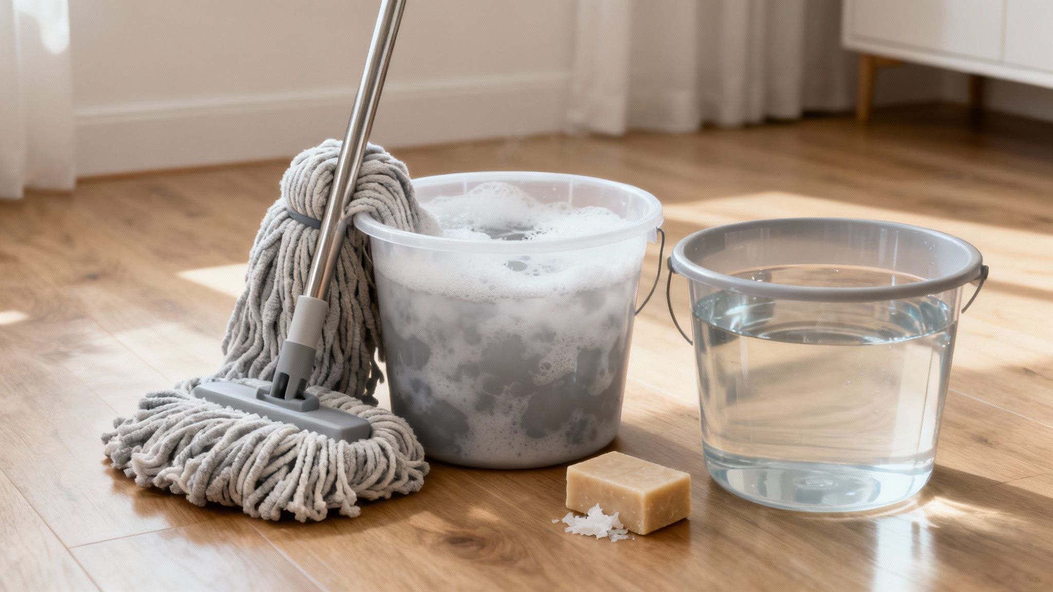 Forskellige rengøringsmidler og en moppe stående klar til brug