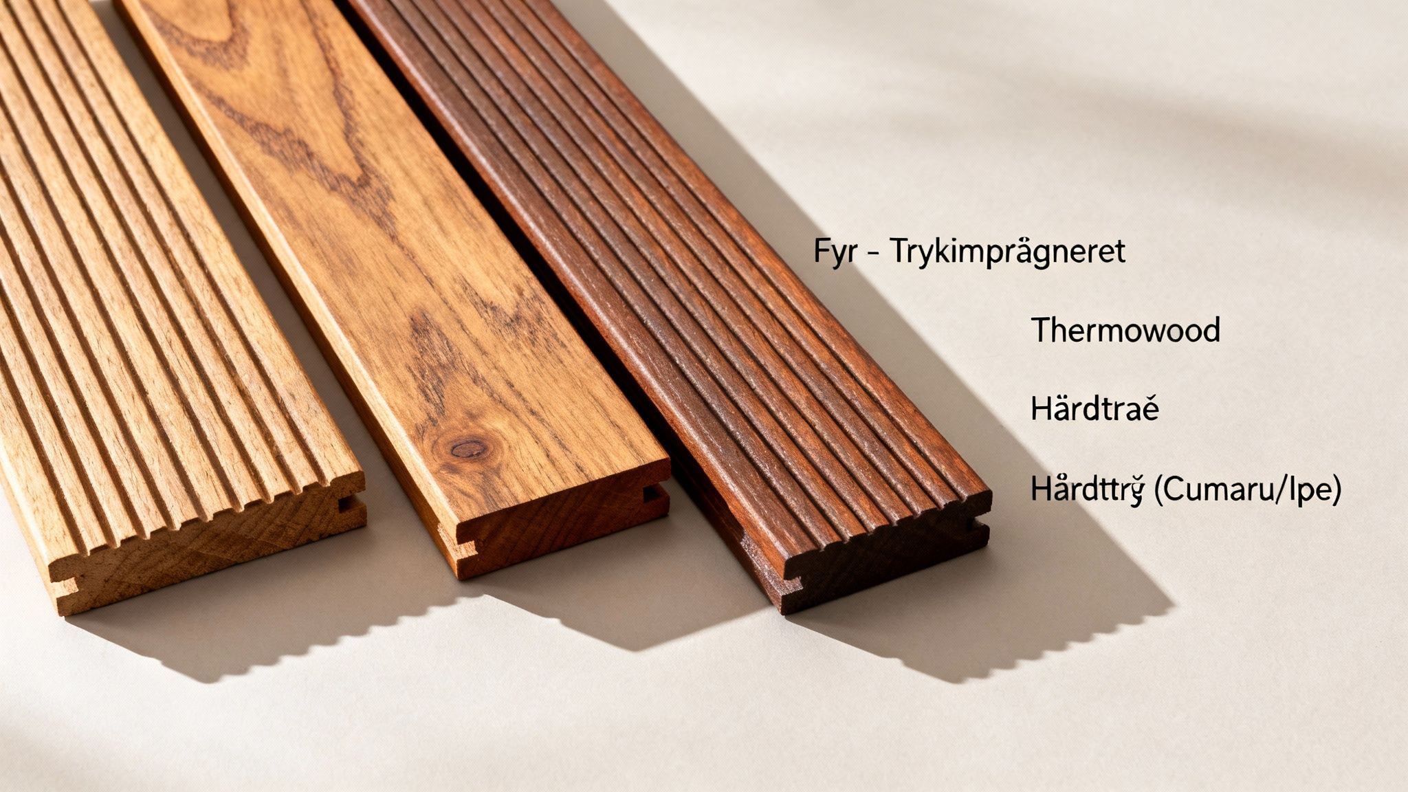Billede af tre forskellige træsorter til terrasser: trykimprægneret fyr, thermowood og hårdttræ.