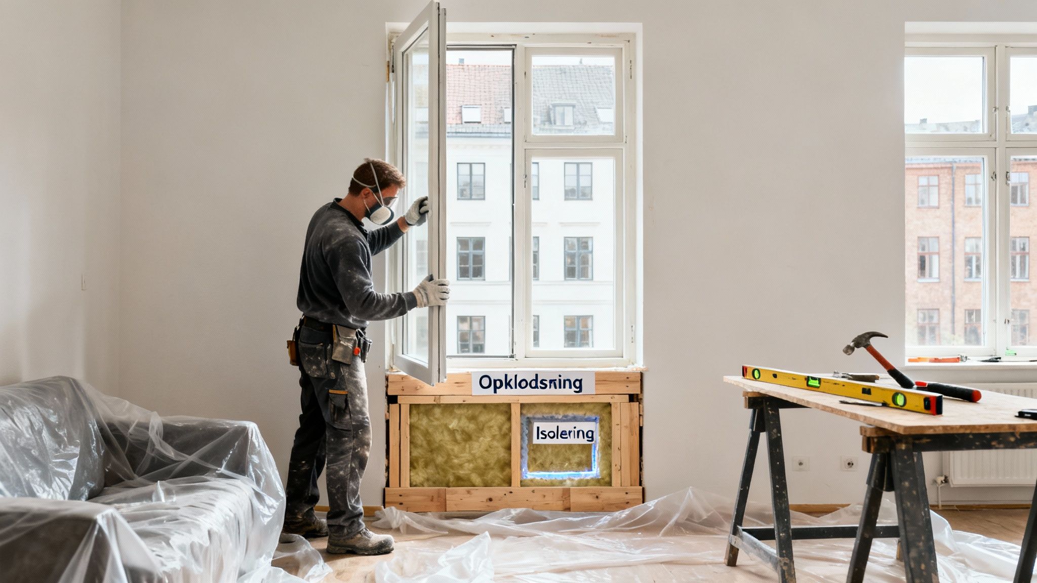 En håndværker iført maske og handsker udskifter et vindue og monterer isolering i en bygning.