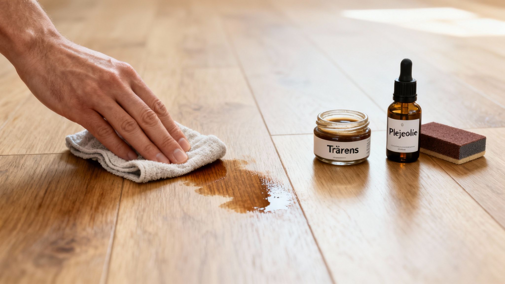 En hånd tørrer et trægulv med en klud, med træplejeprodukter som Trärens og Plejeolie i baggrunden.