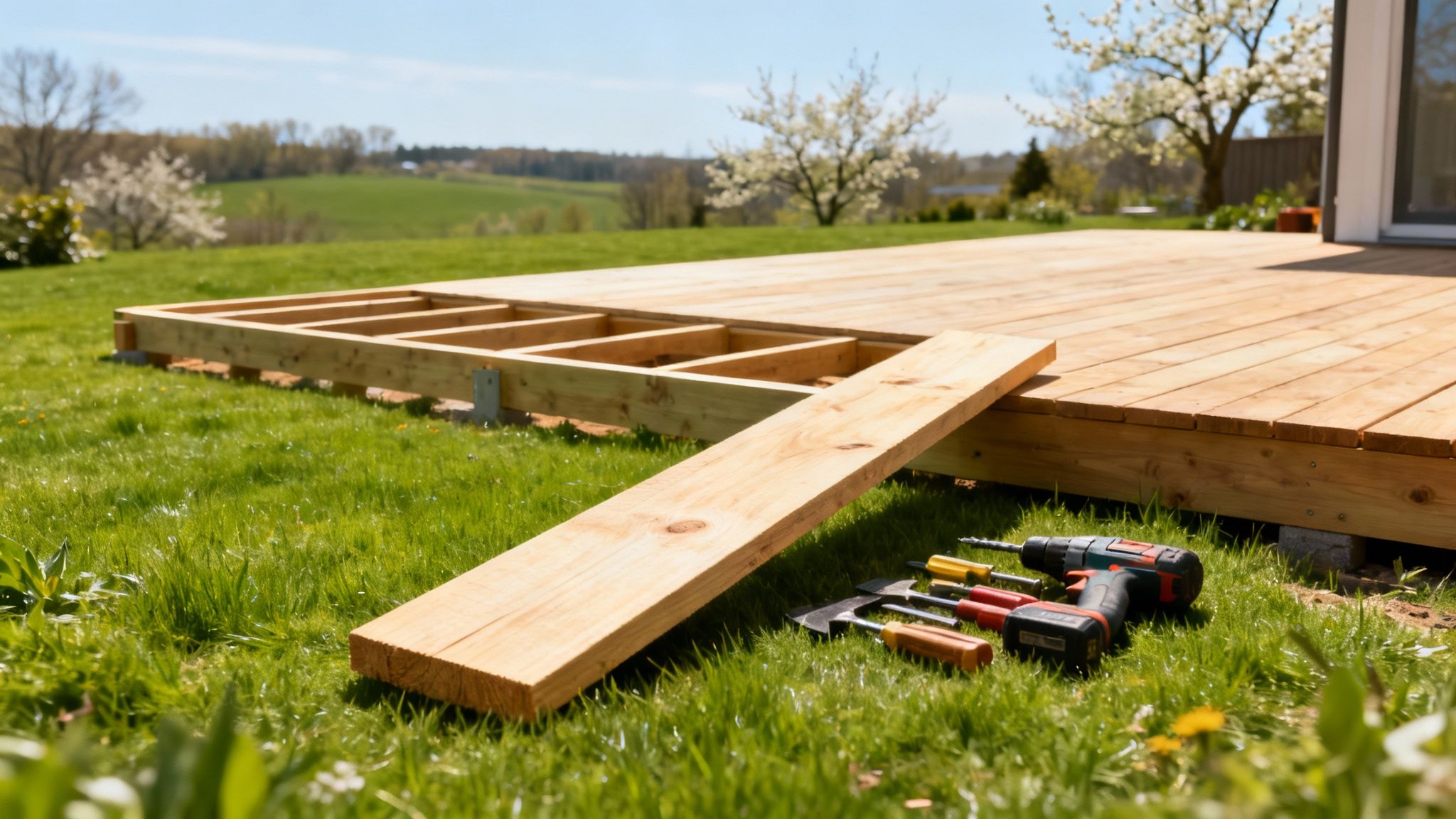 Moderne træterrasse bygget i lyst træ med havemøbler