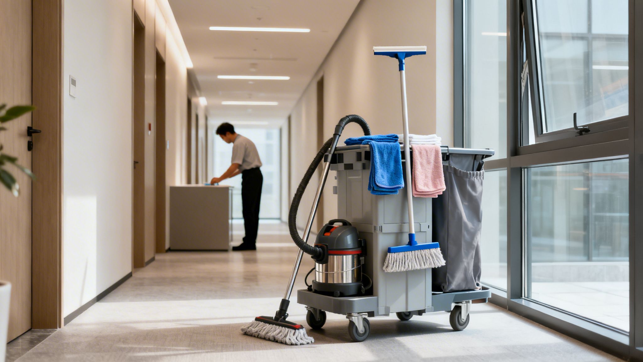 Rengøringsudstyr står i en kontorhal, mens en person gør rent i baggrunden.