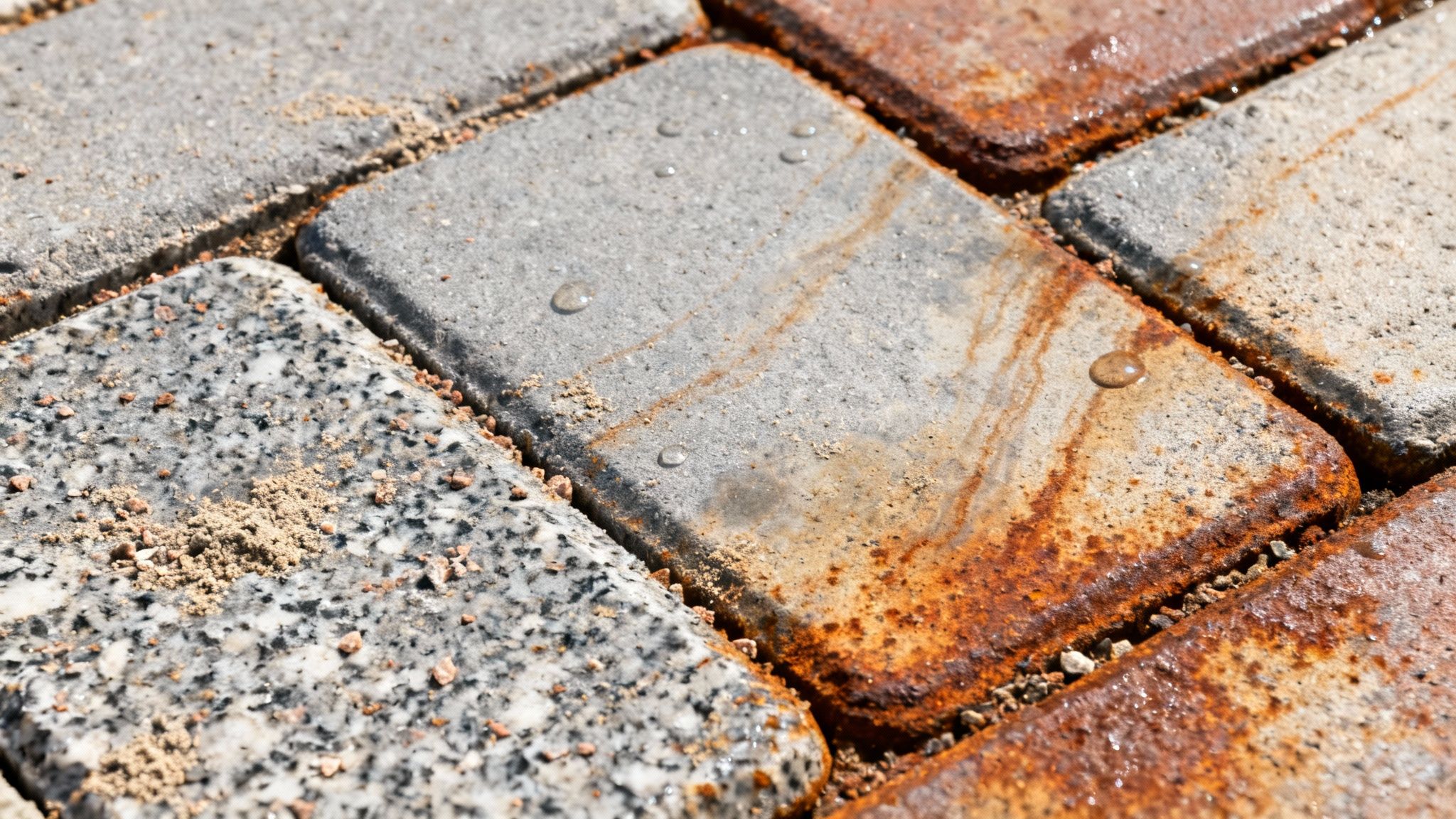 Nærbillede af fliser med sand i fugerne, vanddråber og rustfarvede pletter på overfladen.