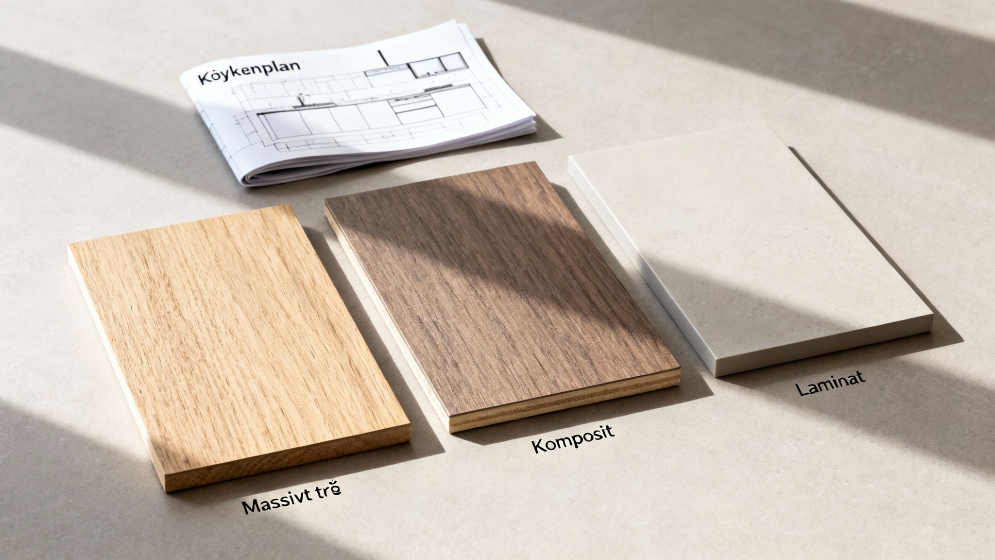 Et køkkenplan dokument og tre materialeprøver: massivt træ, komposit og laminat, klar til valg af køkkenmaterialer.