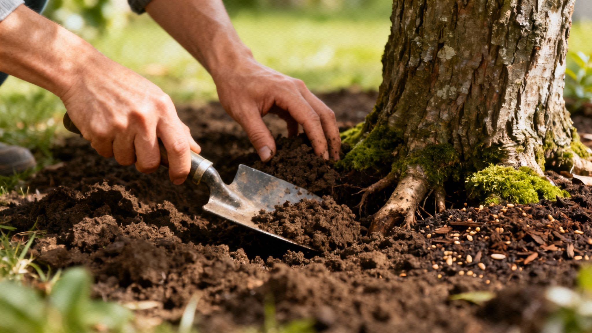 En person der forbedrer jorden i en skyggefuld del af haven med kompost.