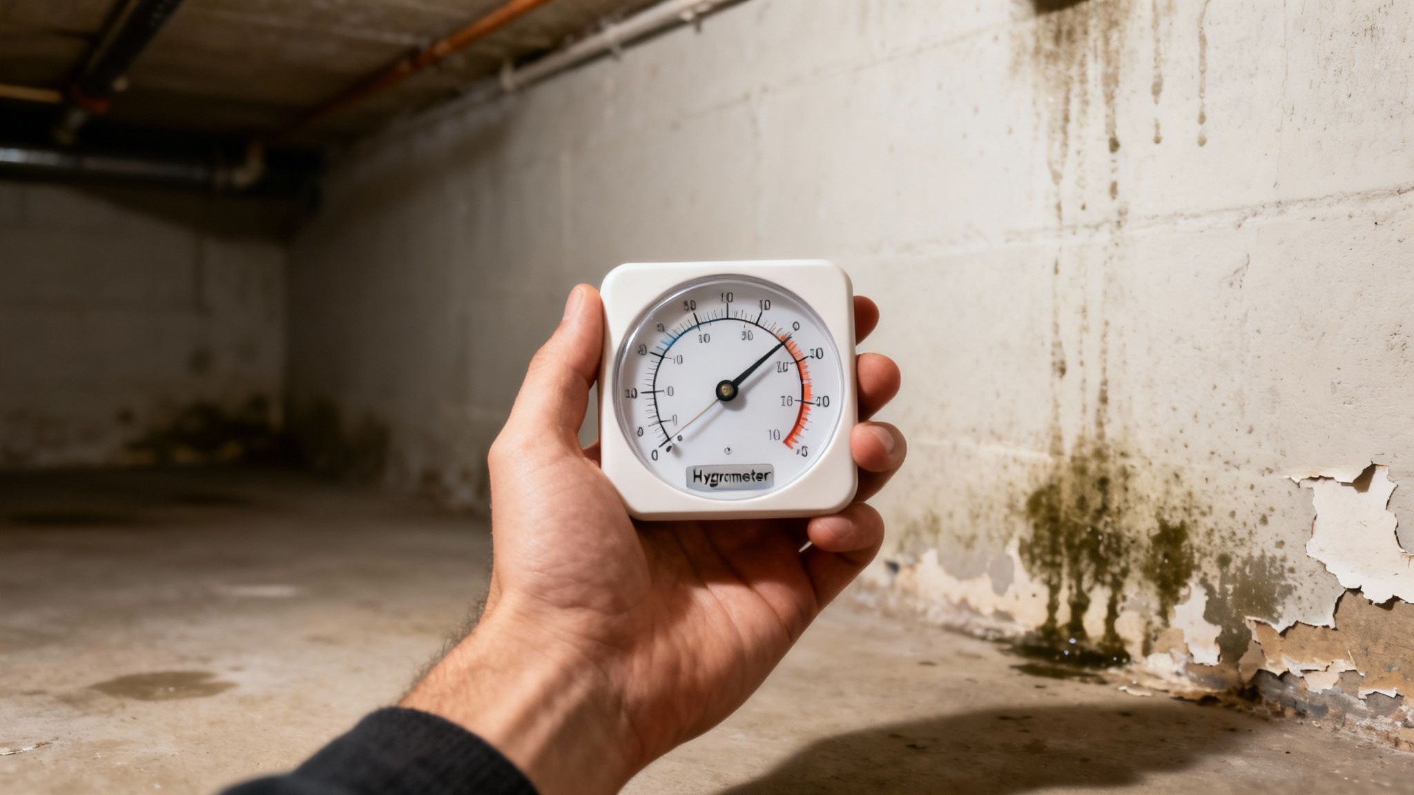 En hånd holder et hygrometer i en fugtig, muggen kælder, der viser høj luftfugtighed og temperatur.