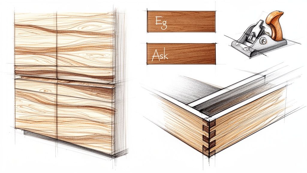 Illustration af træmøbler, træprøver (eg, ask), en høvl og en detaljeret træsamling.