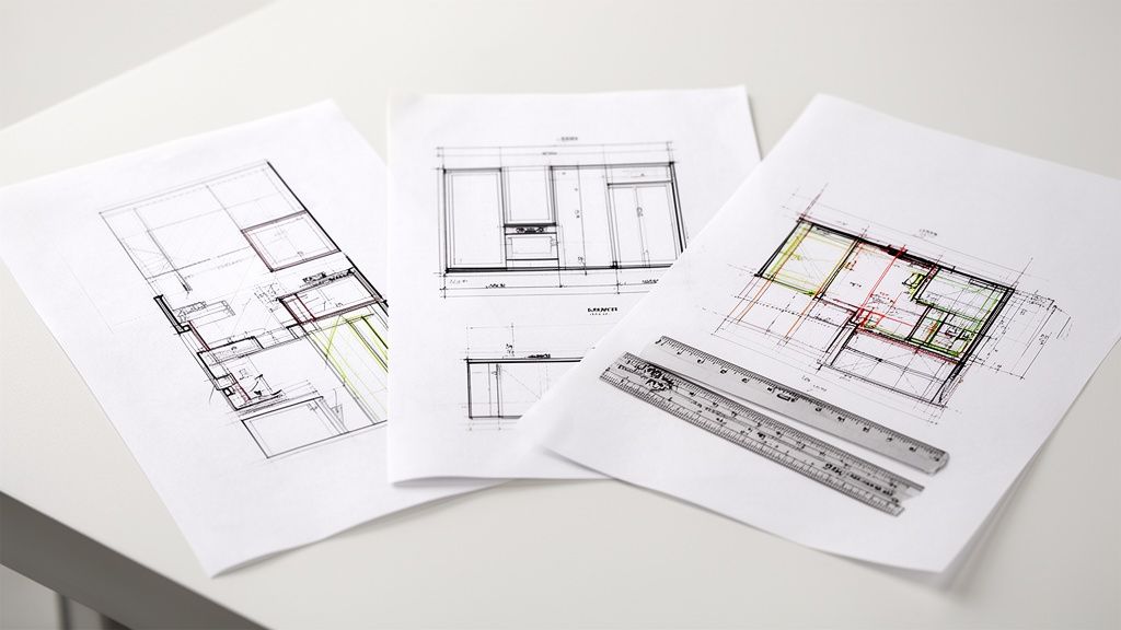 Tre arkitekttegninger, inklusive en køkkentegning og plantegninger, ligger på et hvidt bord med to linealer.