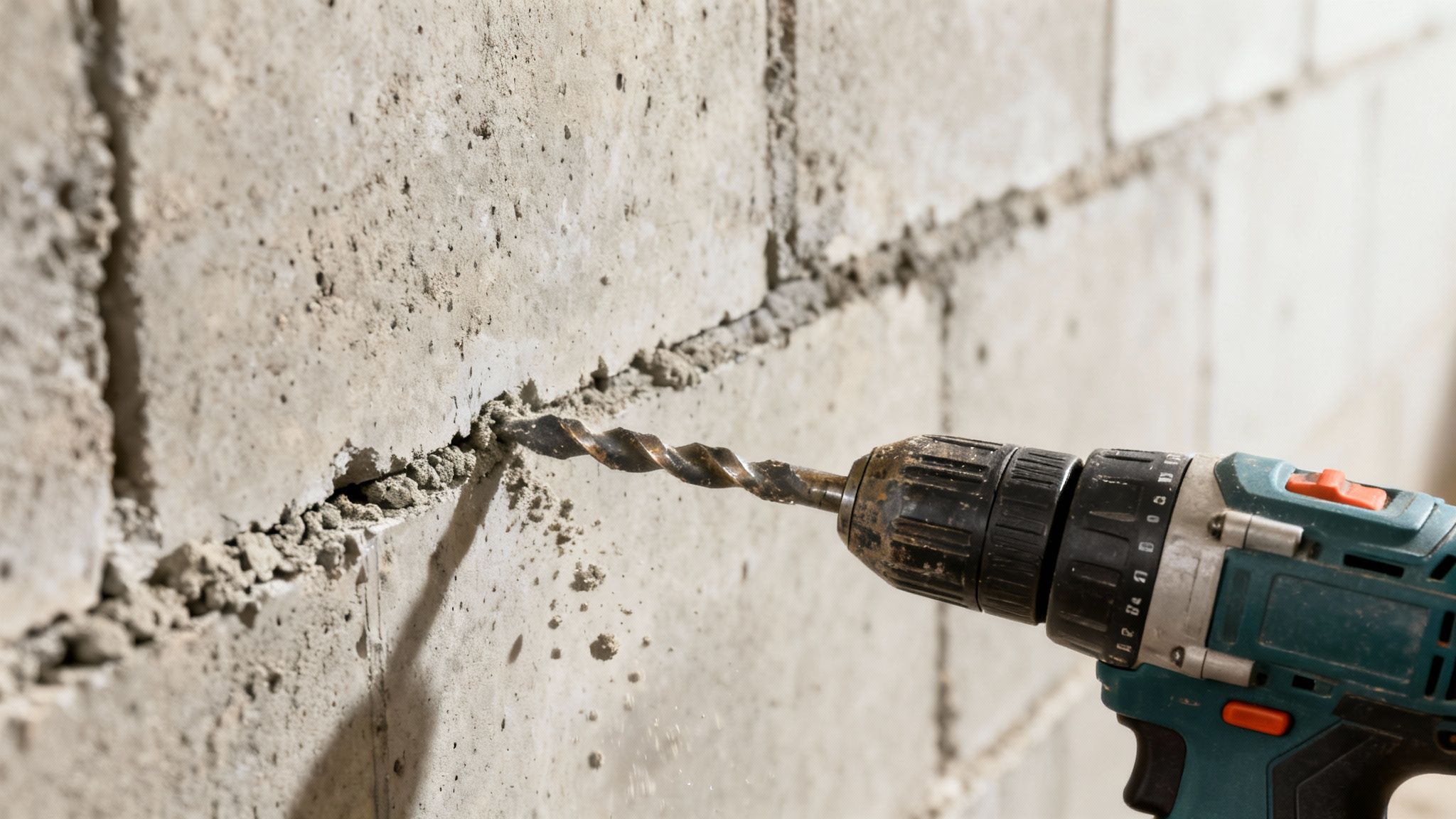 En boremaskine borer et hul i en grå betonvæg, mens støv flyver op fra hullet.