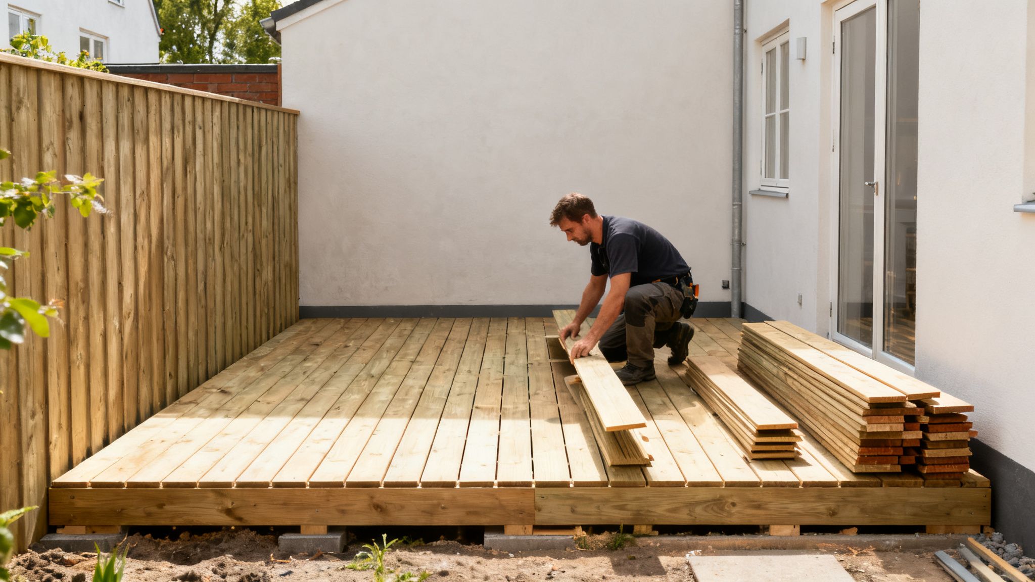 En mand bygger en træterrasse i en baghave med et træhegn og en hvid husmur.