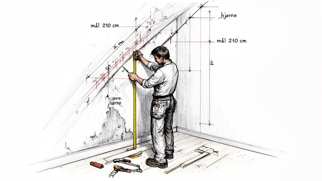 En håndværker måler væg under skråtag med målebånd, sandsynligvis for et garderobeskab på mål.