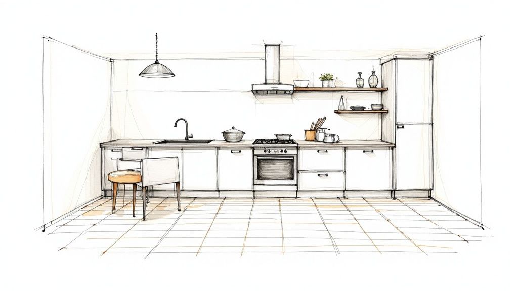 Håndtegnet skitse af et moderne køkken med hvide skabe, vask, komfur, emhætte og siddeplads ved køkkenbordet.