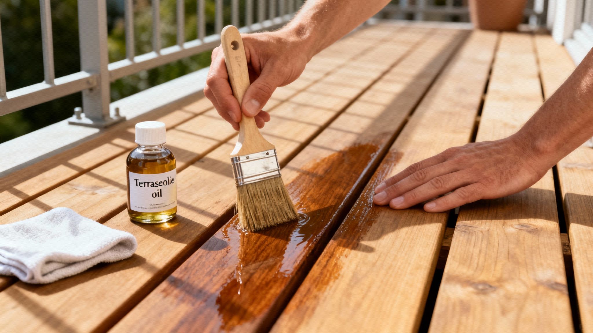 En hånd påfører terrasseolie med pensel på et trægulv, der fornyer altanens udseende i solskin.