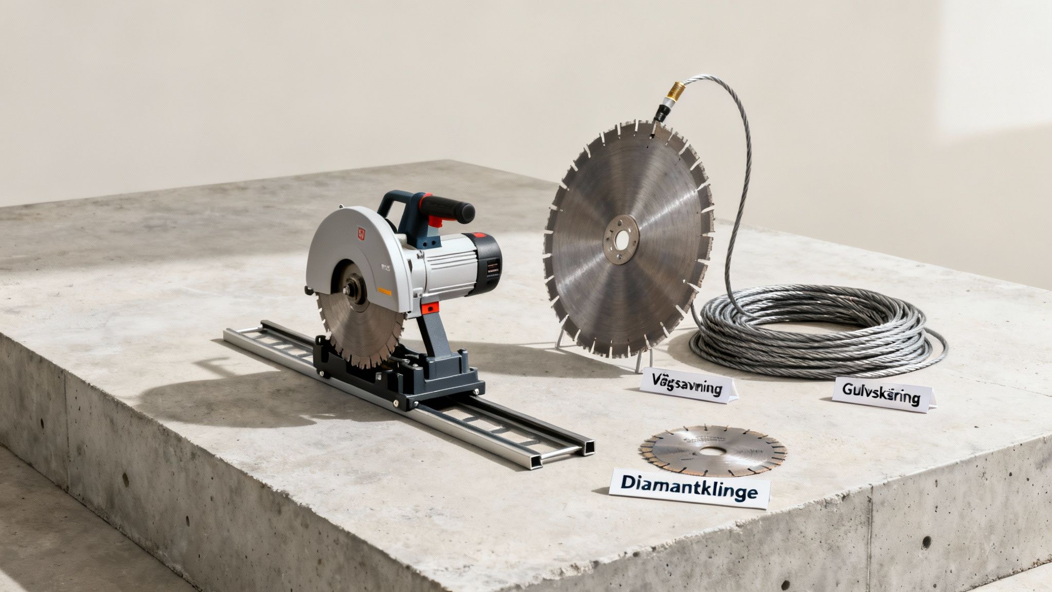 Forskellige værktøjer og klinger til diamantskæring af beton, herunder en vægskærer, en gulvskærer og diamantklinger.
