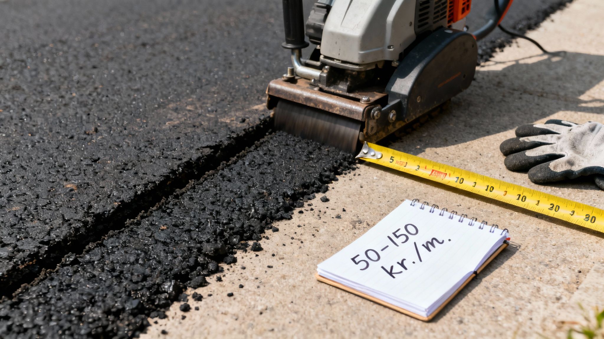 En professionel i gang med asfaltskæring på en vej