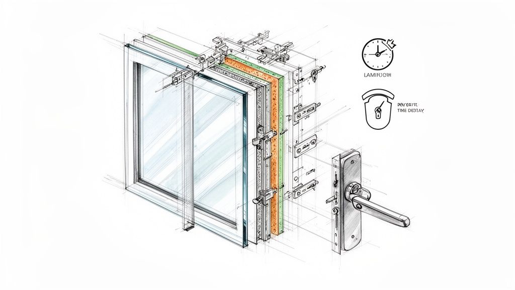 Detaljeret skitse af vindueskonstruktion med tyverisikring, låsemeknismer og ikoner for tidsforsinkelse.