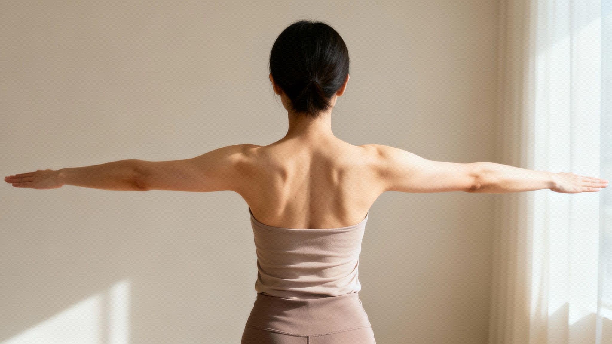 Kvinde set bagfra med udstrakte arme. Fokuserer på ryg- og skuldermuskler under strækøvelse.