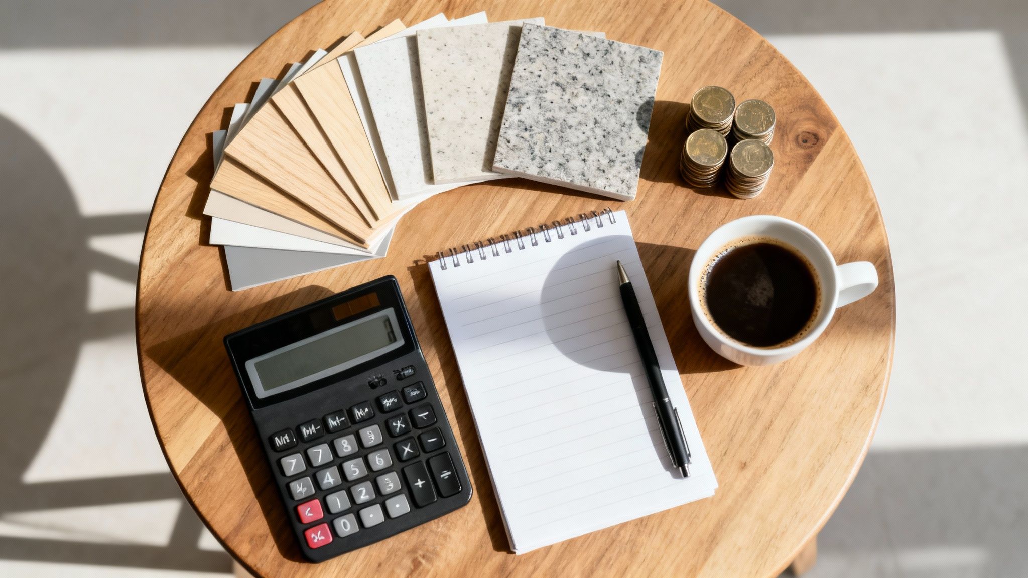 Ovenfra billede af materialeprøver, lommeregner, notesbog, mønter og kaffe på træbord.