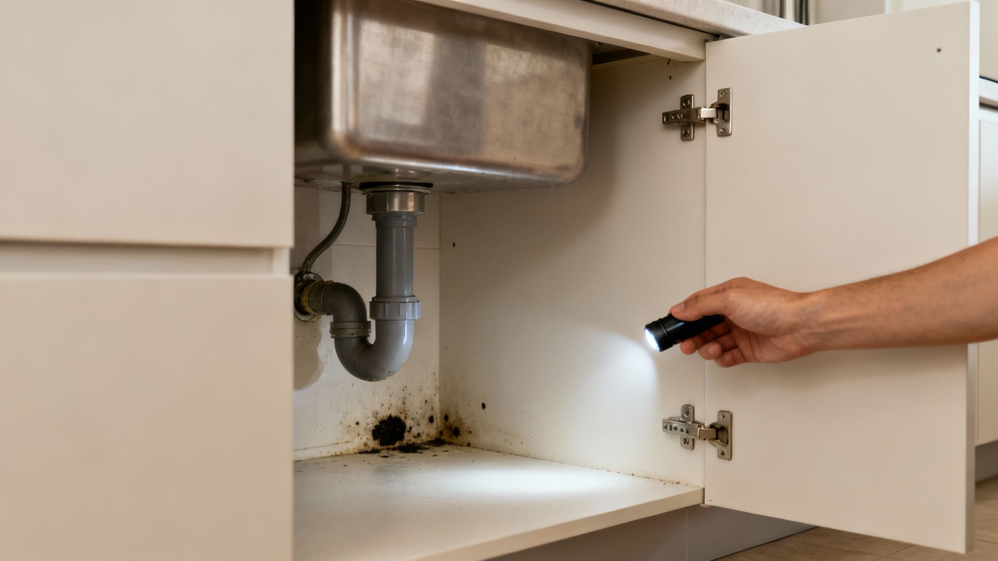 En hånd holder en lommelygte, der lyser op på sort skimmelsvamp under en køkkenvask med rør.