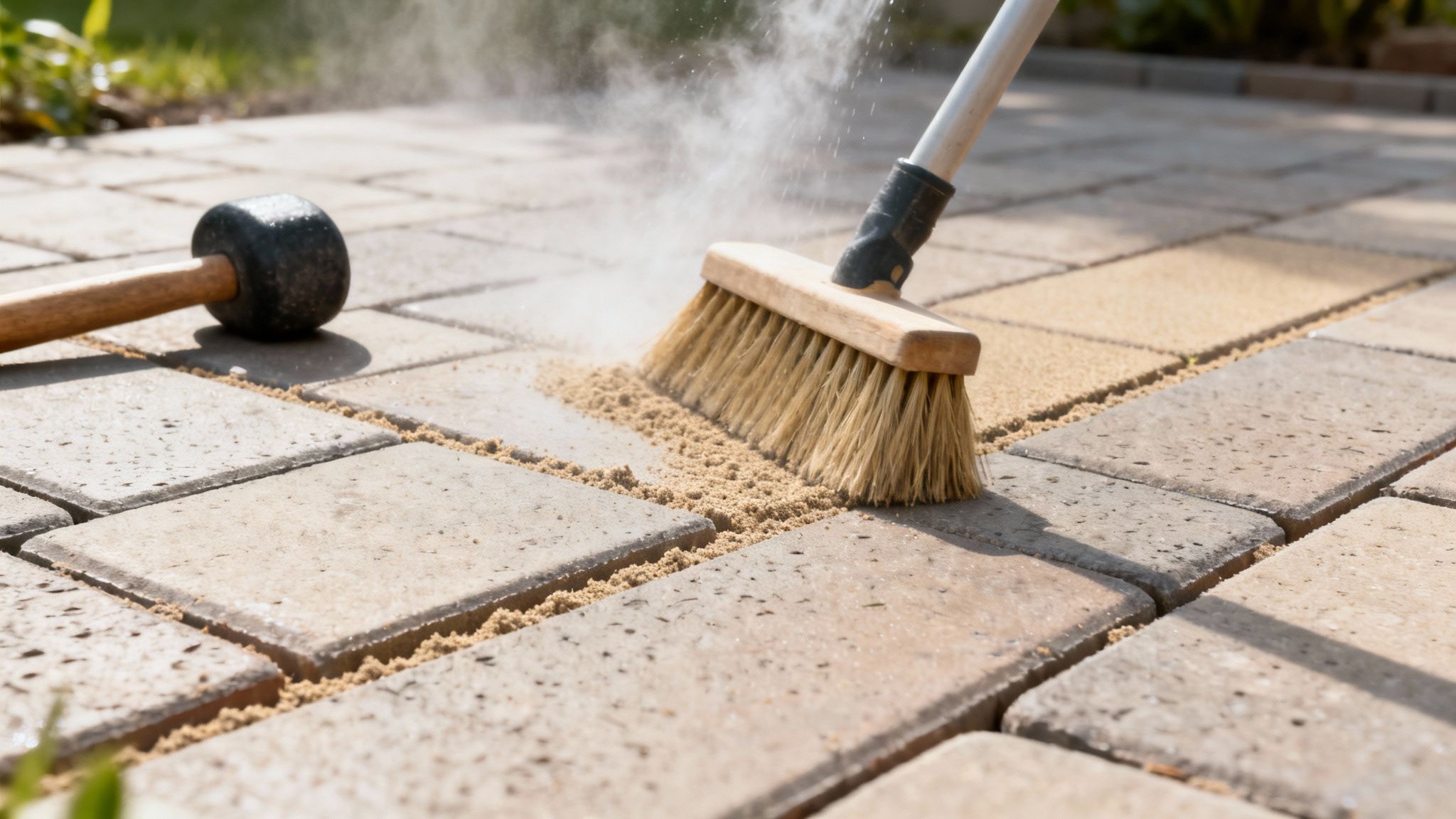 En person fejer sand ned i fuger mellem nye terrassefliser med en kost, mens en gummihammer ligger ved siden af.