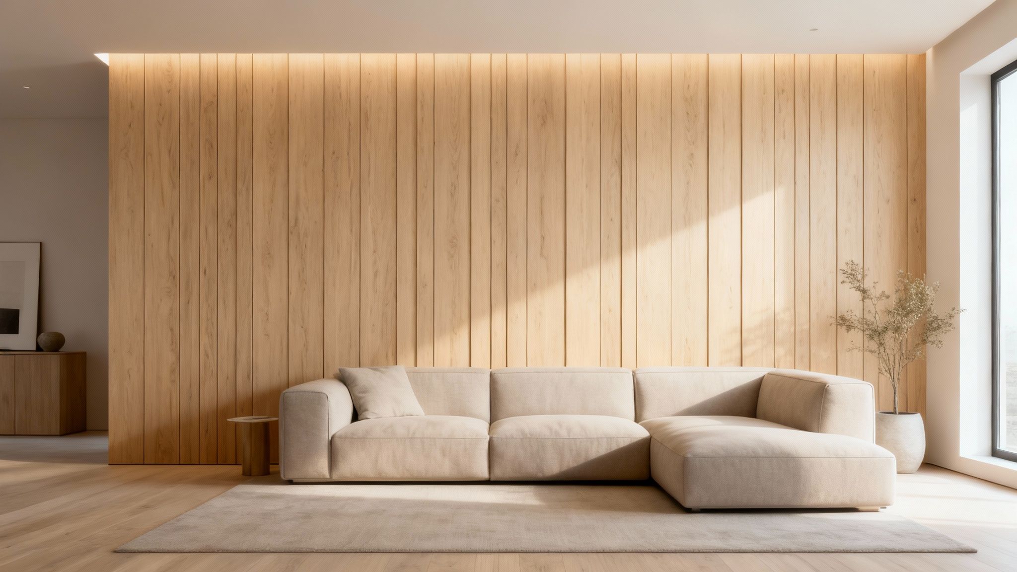 Moderne stue med en lang, beige sofasæt mod en træpanelvæg med indirekte belysning.