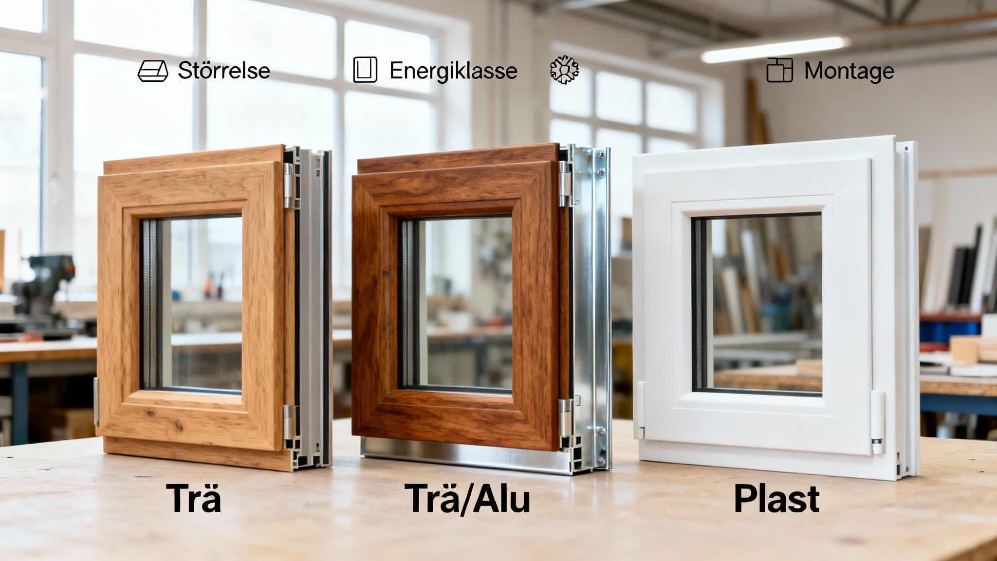 Tre vinduesrammer i træ, træ/alu og plast, der viser forskellige materialer og design.