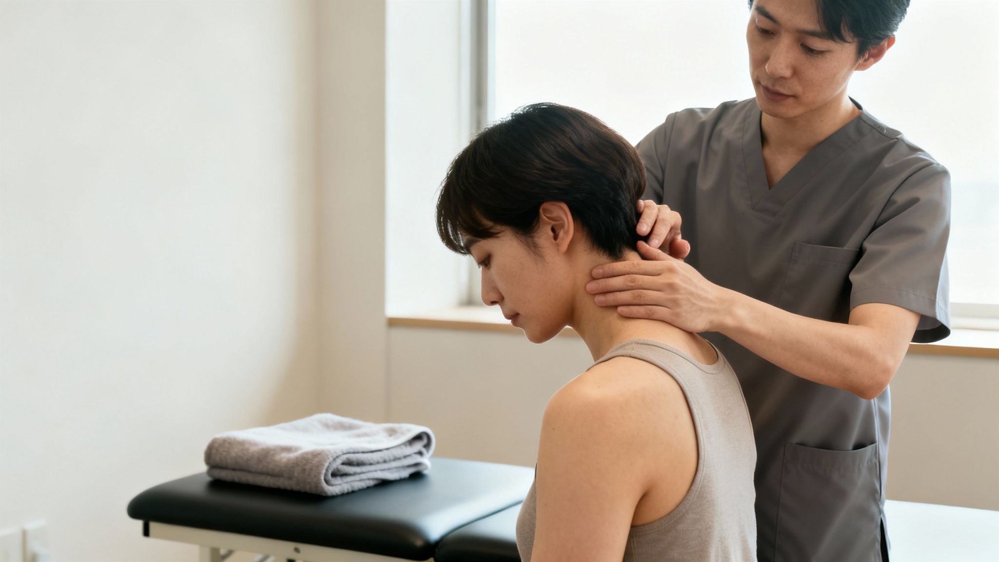 Mandlig terapeut masserer en kvindes nakke og skuldre på en behandlingsbriks i en klinik.