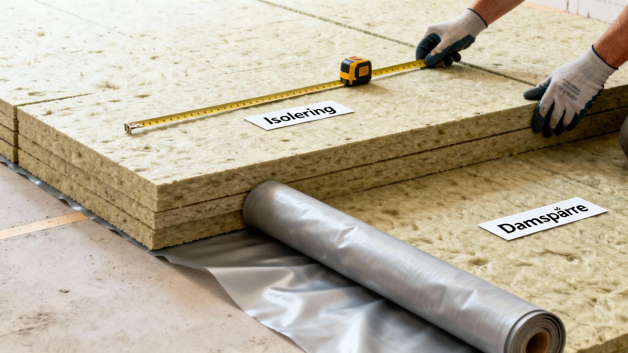 En person måler isoleringsmateriale med målebånd, klar til installation med dampspærre og gulvvarme.