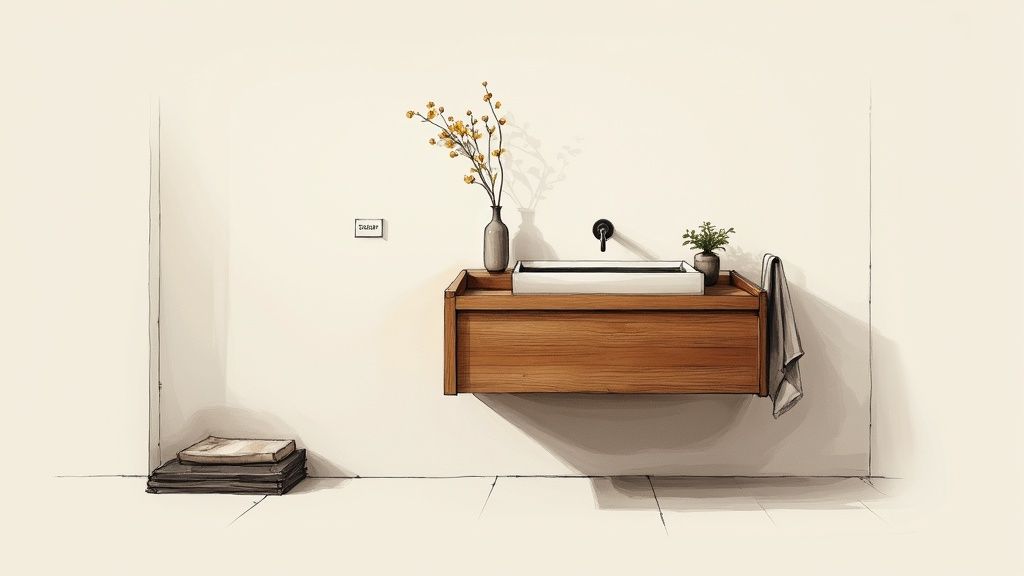 Et stilfuldt, væghængt badeværelsesmøbel i træ med hvid vask, sort armatur, blomster og håndklæde i et minimalistisk badeværelse.