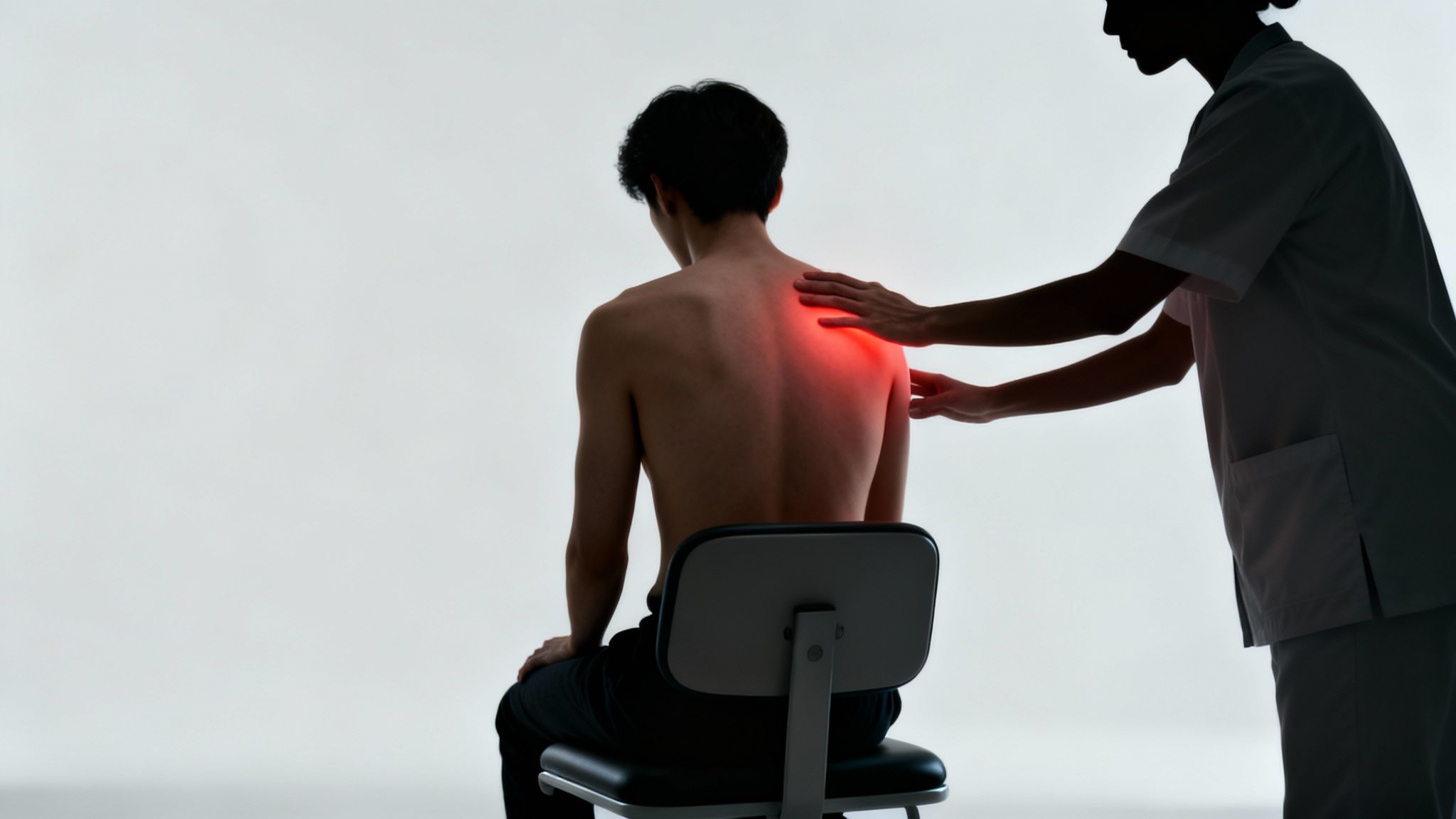 En læge undersøger en patient med skuldersmerter, fremhævet med rødt lys.