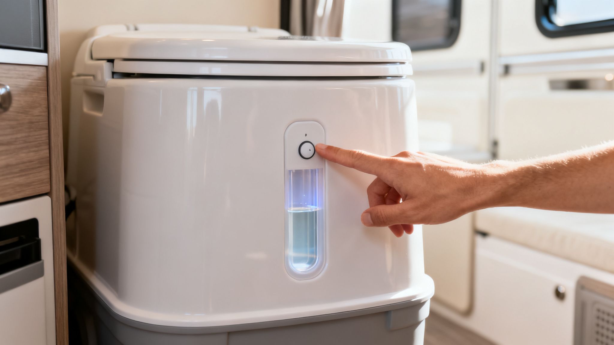 En hånd trykker på en knap på et hvidt kemisk toilet med oplyst vandniveau i en autocamper.