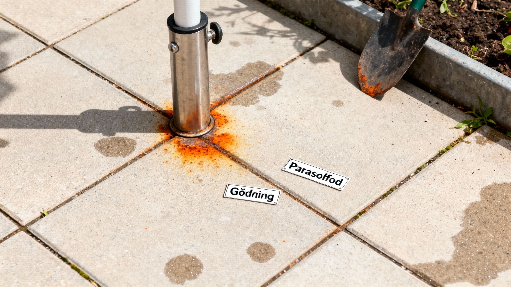 Rustpletter på lyse fliser omkring en parasolfod og en rusten skovl.