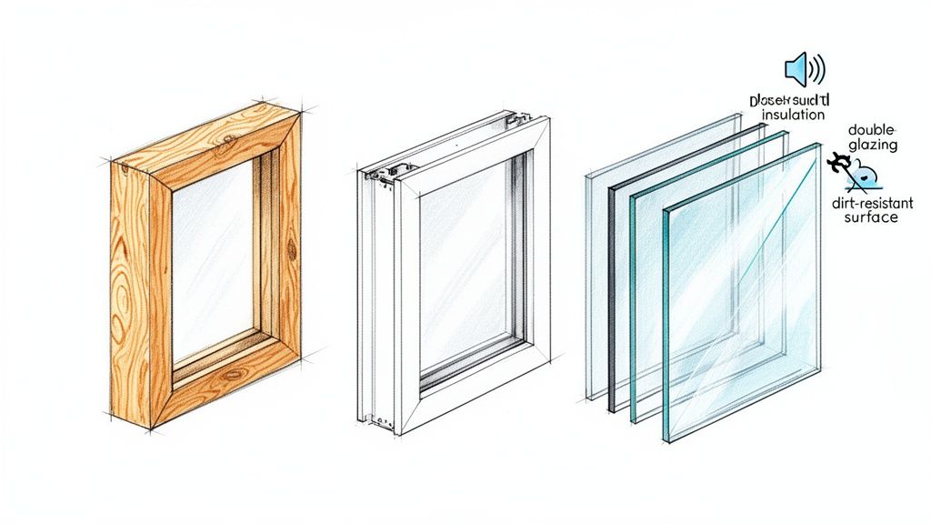 Detaljeret tegning af vindueskonstruktion, der viser dobbeltglas, isolering og smudsafvisende overflade på et Velux vindue.