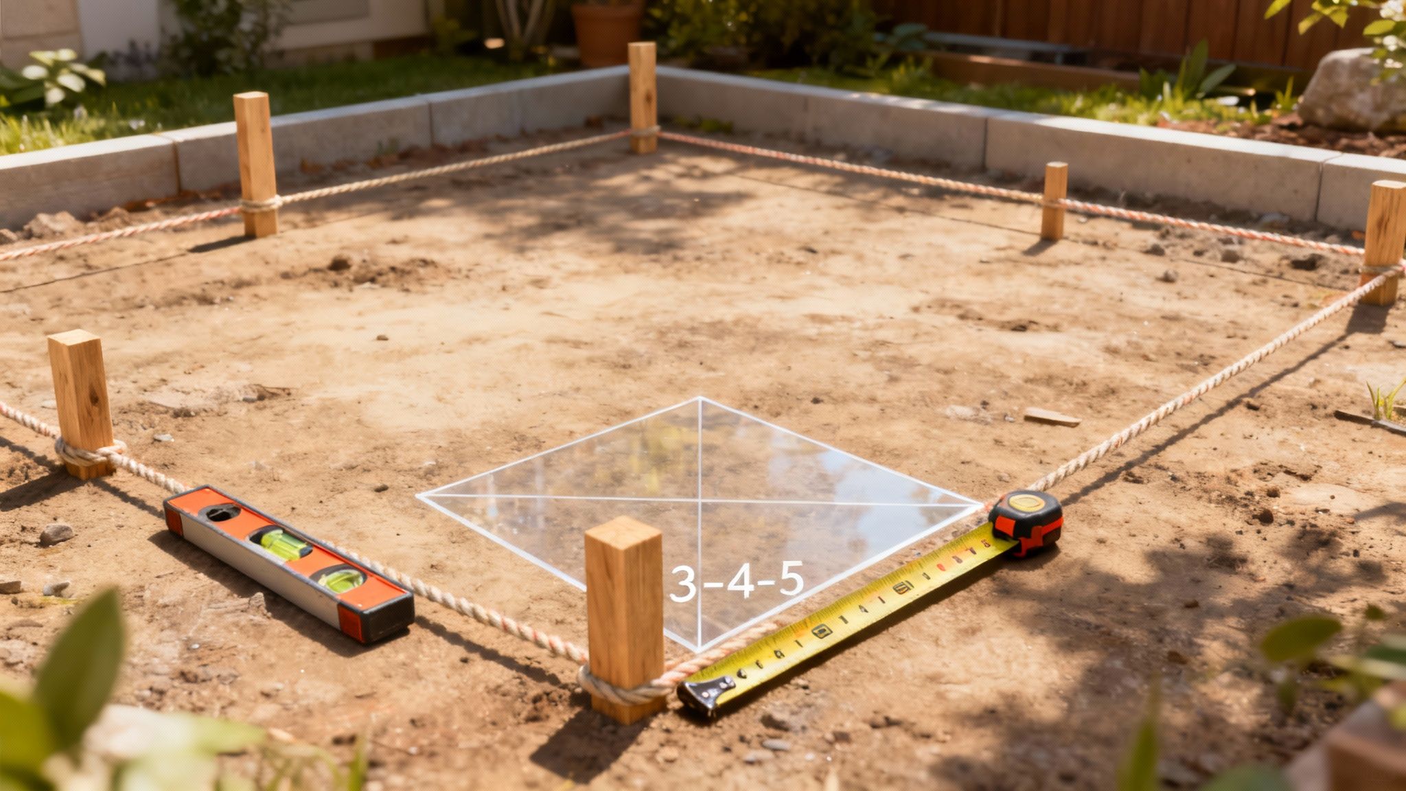 En tømrer i færd med omhyggeligt at opmåle og afmærke området til et nyt terrassefundament.